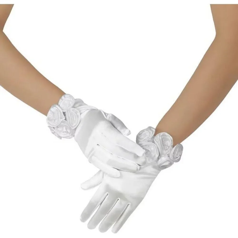Women's Blue Elegant Floral Satin Short Gloves Wedding Dress Party Accessories